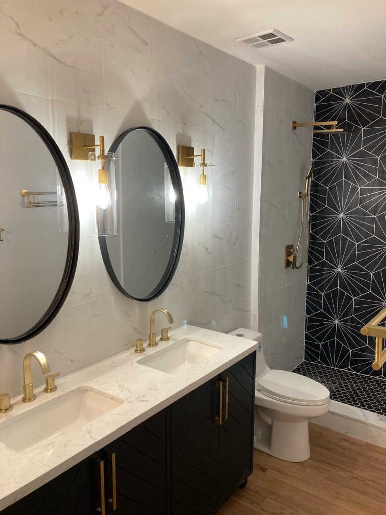 Standing Shower with Black Wall Style Remodeled Bathroom | Gallery Showcase